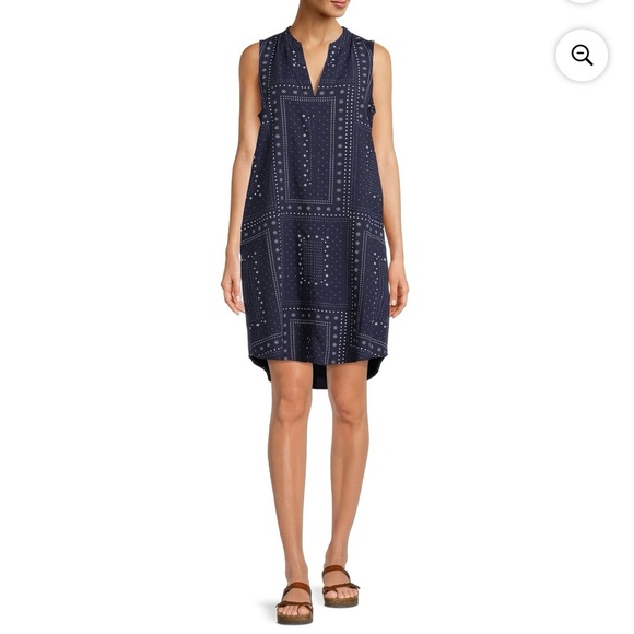 Time & Tru Women Sleeveless Tank Navy White Dress Pockets Sz L 12-14 Split Neck - Picture 4 of 9